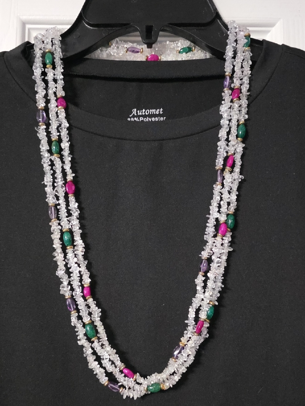 Multi-Strand Clear Crystal Necklace with Pink, Green & Purple Accents